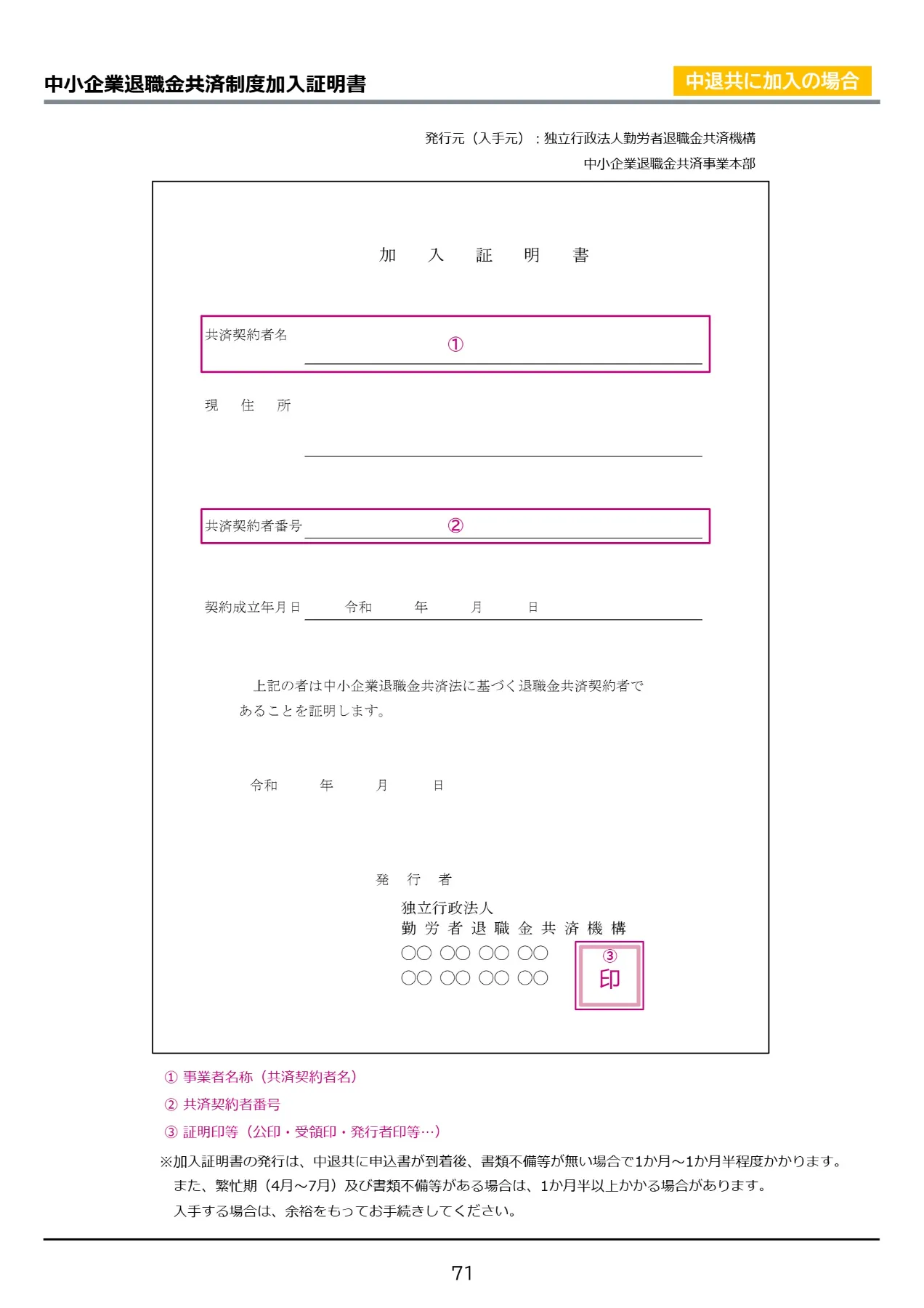 中小企業退職金共済制度加入証明書の見本
