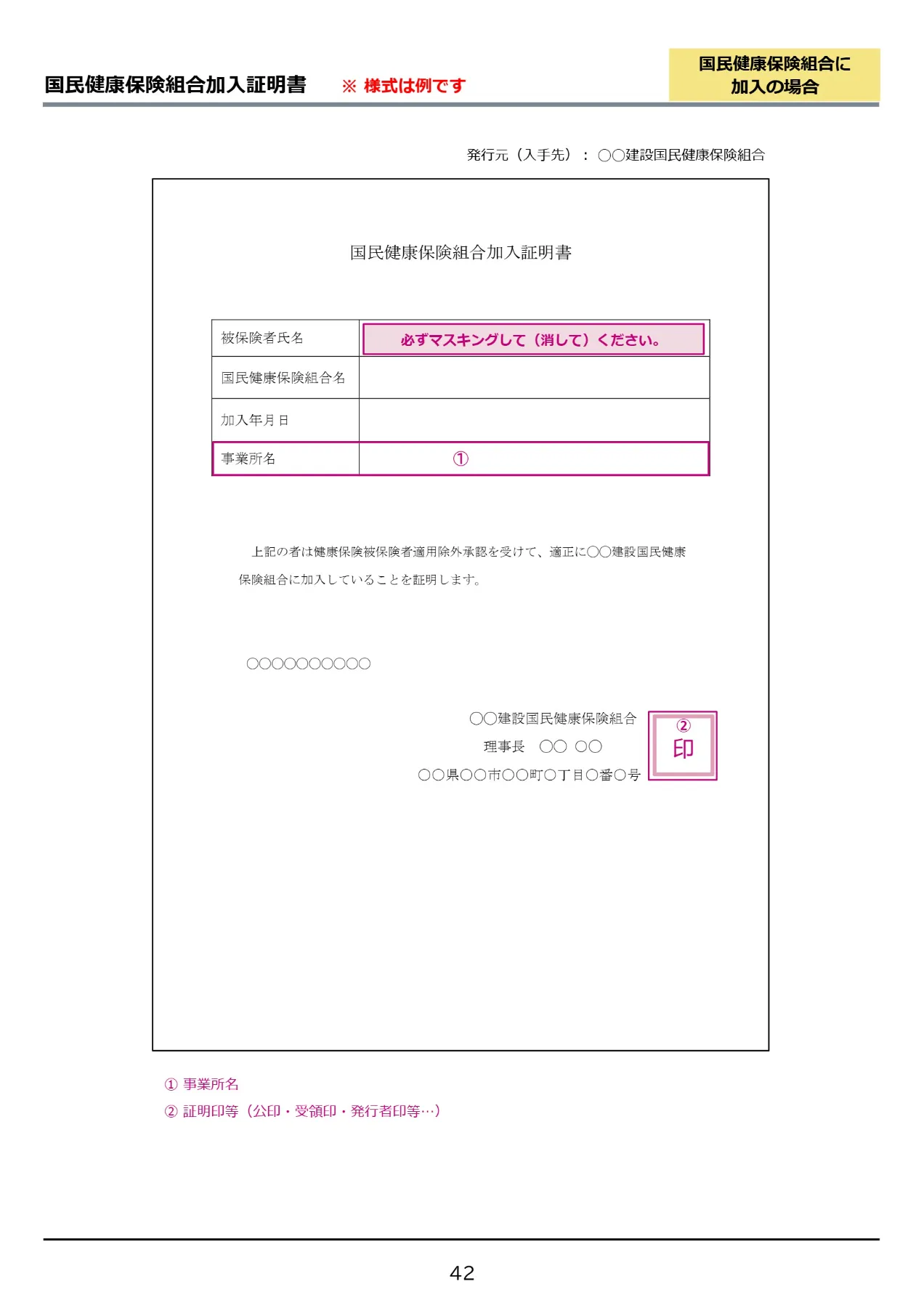 国民健康保険組合加入証明書の見本