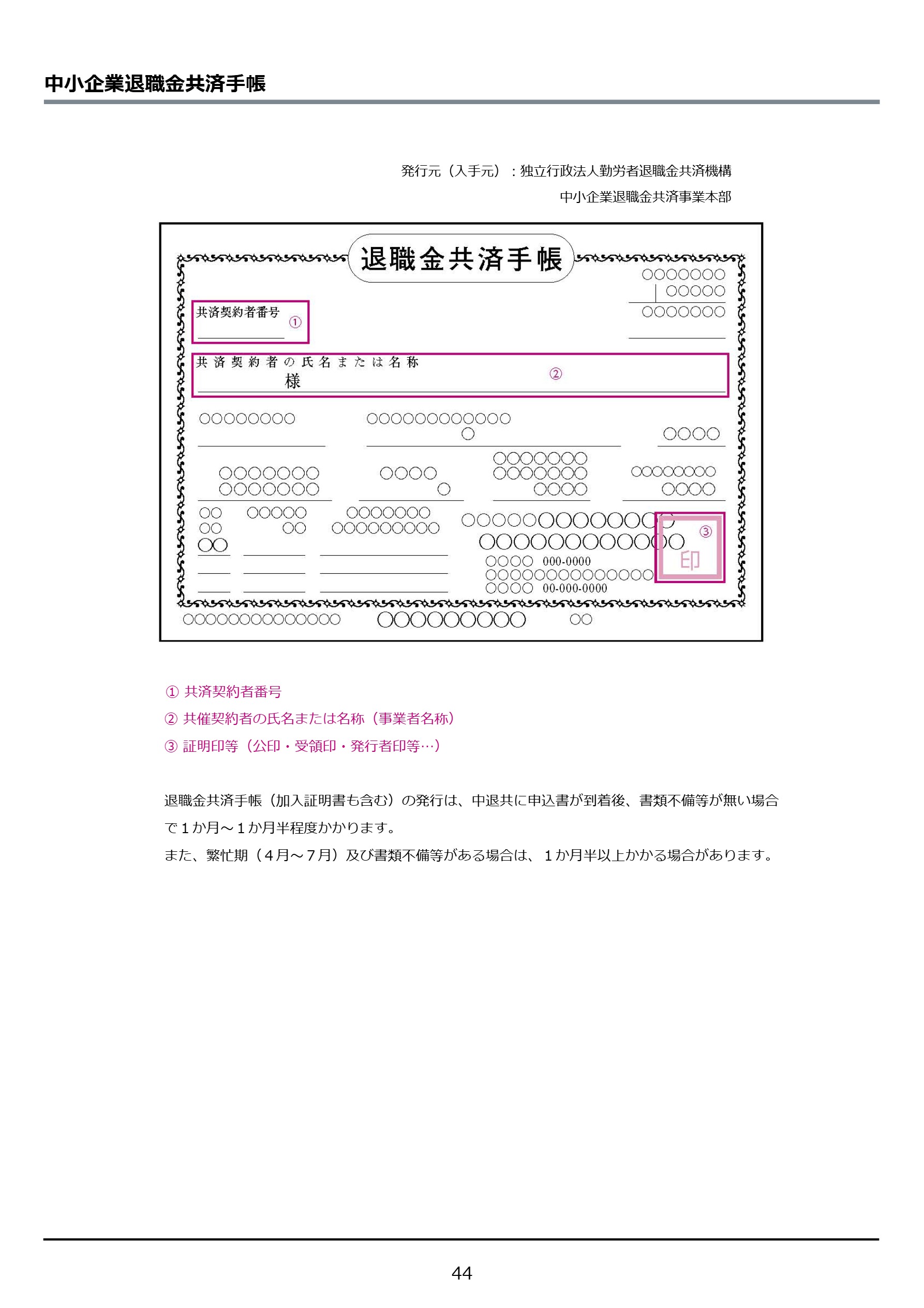 中小企業退職金共済手帳の見本