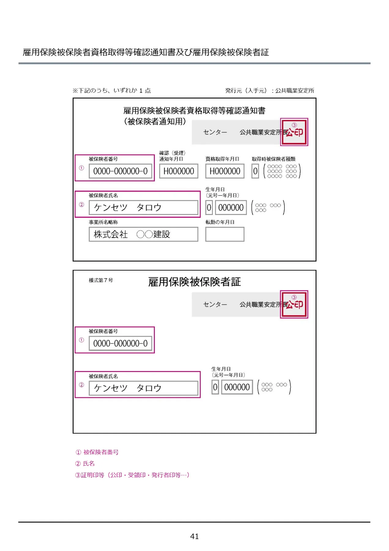 雇用保険被保険者資格取得等確認通知書（被保険者通知用）の見本